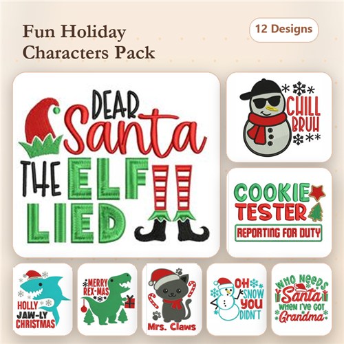 Holiday Character Embroidery Designs Bundle – Dear Santa, The Elf Lied, Cookie Tester Reporting for Duty & More (12 Designs)