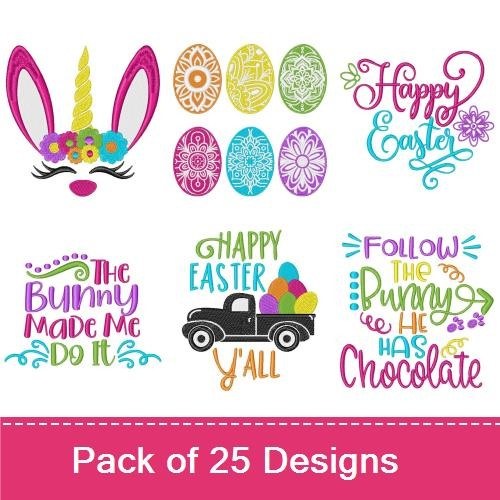 Easter Bunny & Eggs Embroidery Designs Bundle – Bunny Kisses Easter Wishes, Chocolate Bunny Factory, Unicorn Bunny & More (25 Designs)