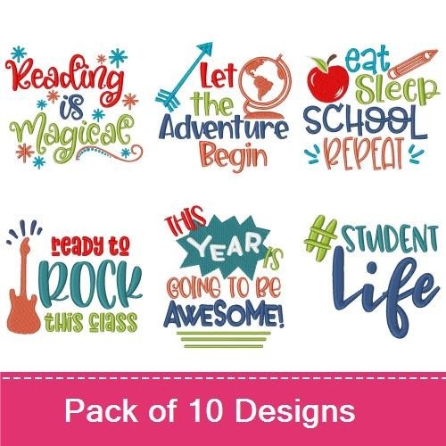 Back to School Embroidery Designs Bundle – I Like Big Books & I Cannot Lie, Reading is Magical, School Rocks & More (10 Designs)