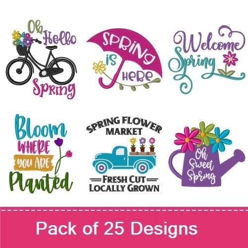 Spring Quotes Embroidery Designs Bundle – Spring is in the Air, Rain Drop Kisses and Flower Wishes, Oh Hello Spring & More (25 Designs)