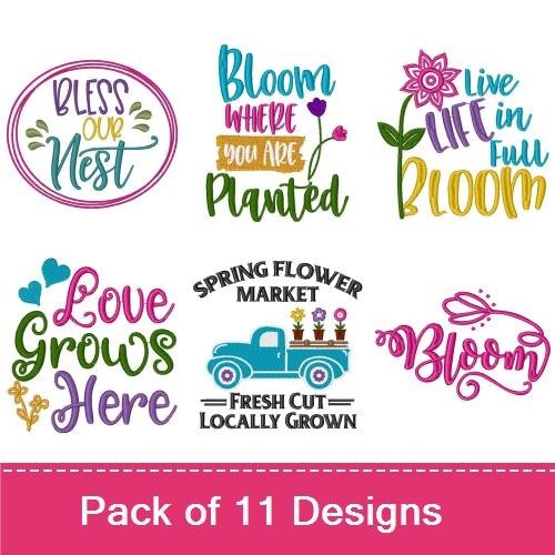 Spring Flowers Embroidery Designs Bundle – Flower Bouquet, Rain Drop Kisses, Bloom Where You're Planted & More (11 Designs)