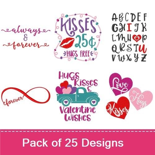 Valentine's Day Quotes & Heart Motifs Embroidery Designs Bundle – Be Mine, XOXO y'all, Love & More (25 Designs)
