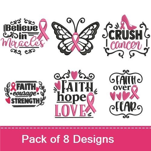 Breast Cancer Awareness Embroidery Designs Bundle – A Cure Worth Fighting For, Believe in Miracles, Butterfly Design & More (8 Designs)