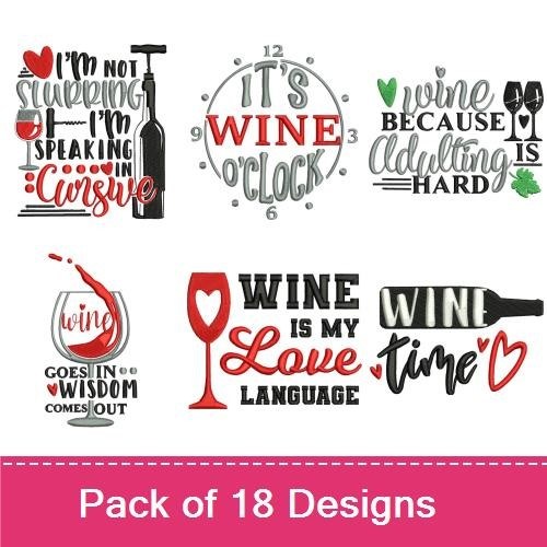 Wine Quotes Embroidery Designs Bundle – I'm Not Slurring I'm Speaking in Cursive, It's Wine O'Clock, Sip Happens & More (18 Designs)