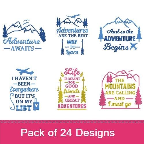 Adventure Quotes Embroidery Designs Bundle – Adventure Awaits, Catch Flights Not Feelings, & More (24 Designs)