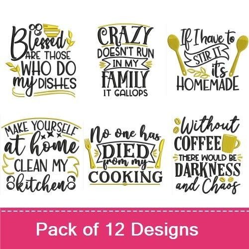 Funny Home and Kitchen Quotes Embroidery Designs Bundle – Bee Nice or Leave, Life Happens Coffee Helps, & More (12 Designs)