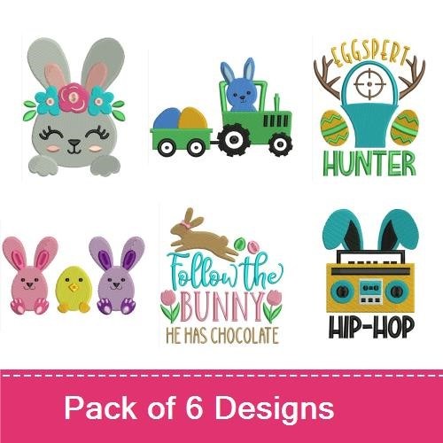 Easter Bunny Embroidery Designs Bundle – Easter Bunny with Flowers, Colorful Bunny, Tractor with Bunny & More (6 Designs)