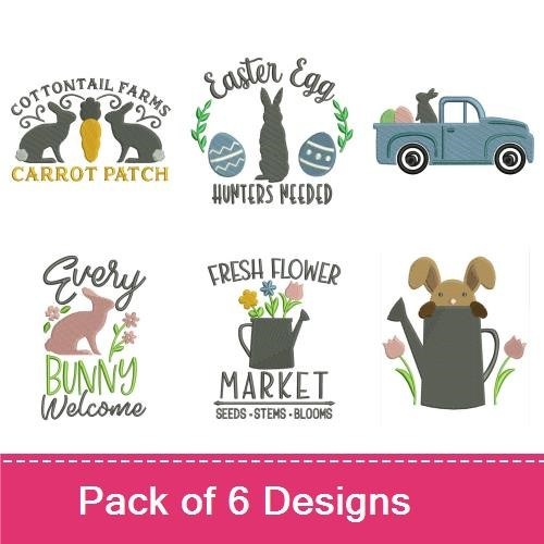 Spring Bunny & Easter Egg Embroidery Designs Bundle – Garden Gnome, Carrot Patch, Fresh Flower Market & More (6 Designs)