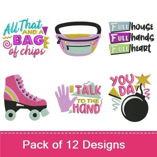 Retro Expressions & Icons Embroidery Designs Bundle – All That and a Bag of Chips, Game Boy, Fanny Pack & More (12 Designs)