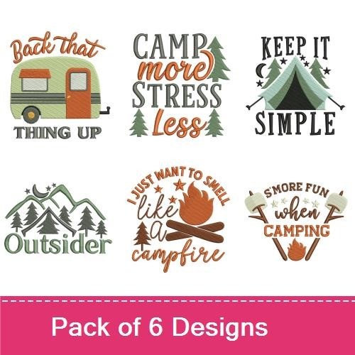 Camping Quotes Embroidery Designs Bundle – Back That Thing Up, Camp More Stress Less, I Just Want to Smell Like a Campfire & More (6 Designs)