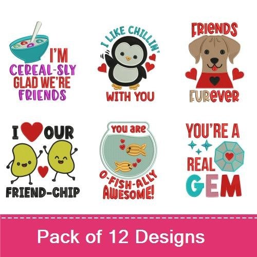 Valentine's Day Friendship Embroidery Designs Bundle – Penguin with Hearts, Dog with Hearts, Cute Friendship Message & More (12 Designs)