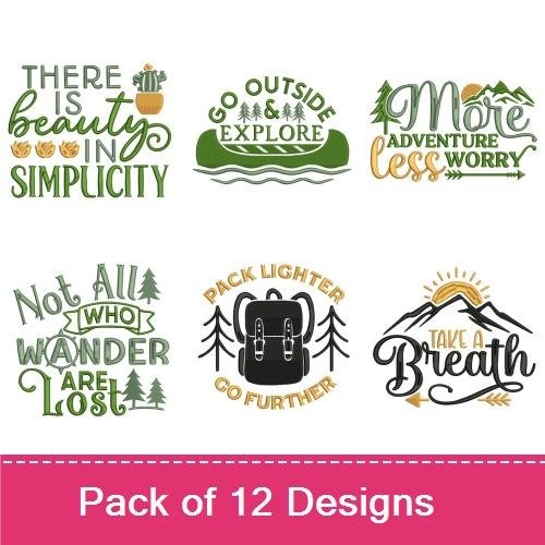 Outdoor Adventure Embroidery Designs Bundle – Explore Dream Discover, Come Get Lost with Me, & More (12 Designs)