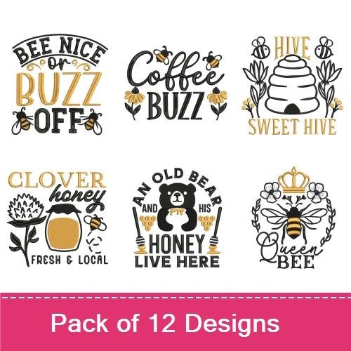 Bee and Honey Embroidery Designs Bundle – Bee Nice or Buzz Off, Coffee Buzz, Honey Bee with Flowers & More (12 Designs)