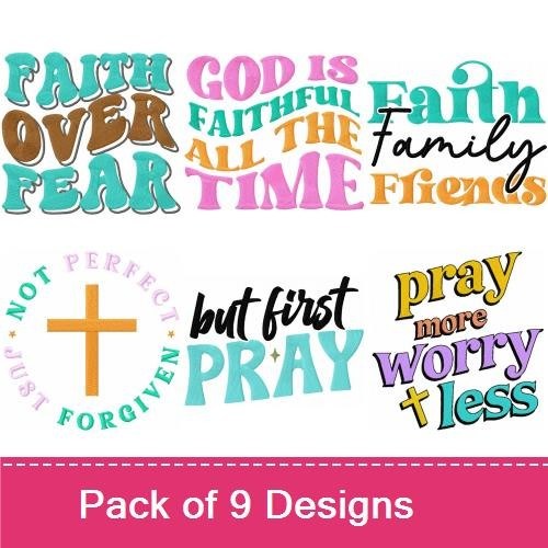 Inspirational Christian Faith Embroidery Designs Bundle – Faith Over Fear, Pray It Forward, God Is Faithful & More (9 Designs)