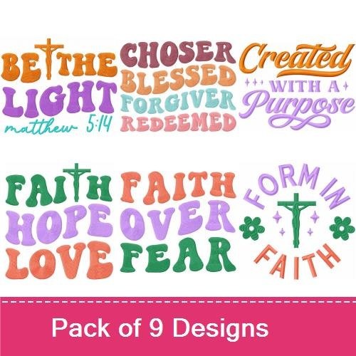 Faith and Inspiration Embroidery Designs Bundle – Be The Light, Coffee and Grace, Chosen Blessed Forgiven Redeemed & More (9 Designs)