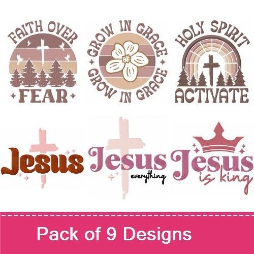 Faith & Inspirational Messages Embroidery Designs Bundle – Faith Over Fear, Holy Spirit Activate, Grow in Grace Flower & More (9 Designs)