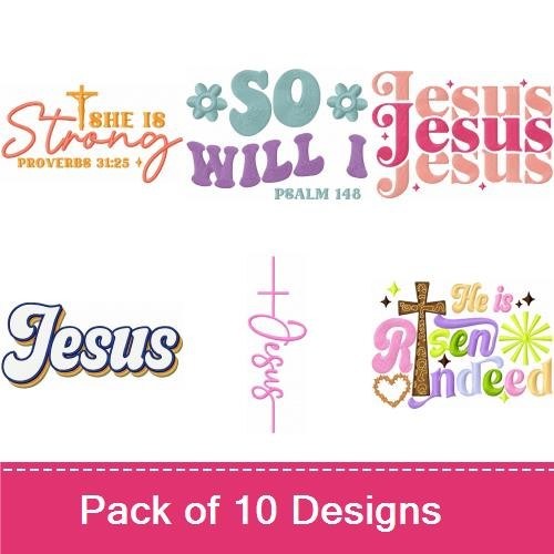 Inspirational Christian Faith Embroidery Designs Bundle – She is Strong, But First Jesus, Proverbs 31:25 & More (10 Designs)