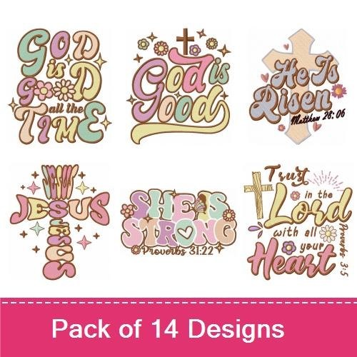 Faith and Inspirational Quotes Embroidery Designs Bundle – God is Good, Blessed and Highly Favored, & More (14 Designs)