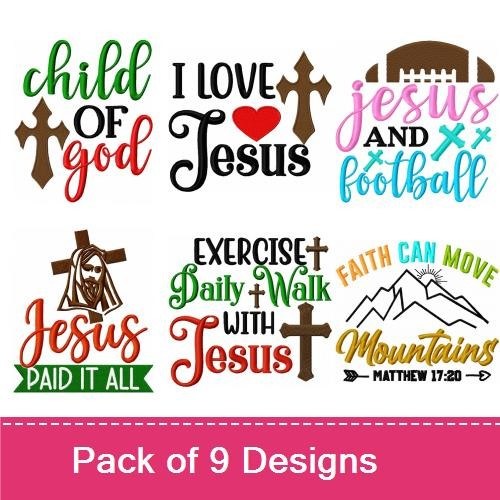 Faith and Inspirational Quotes Embroidery Designs Bundle – Child of God, I Love Jesus, Woke Pray Slay & More (9 Designs)