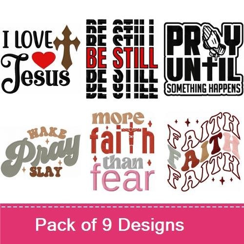 Faith and Prayer Embroidery Designs Bundle – I Love Jesus, Cross Design, Be Still & More (9 Designs)