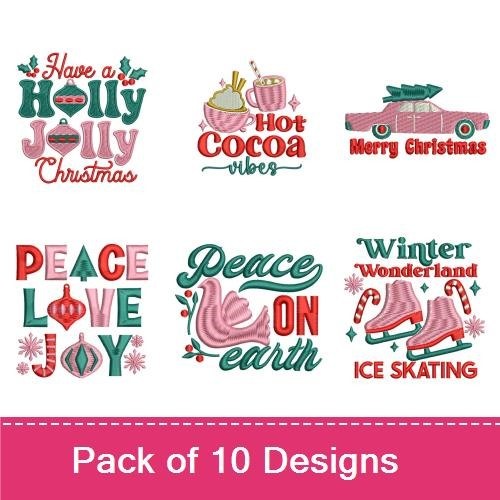 Festive Holiday Themes Embroidery Designs Bundle – Merry & Bright, Let it Snow, Hot Cocoa Vibes & More (10 Designs)
