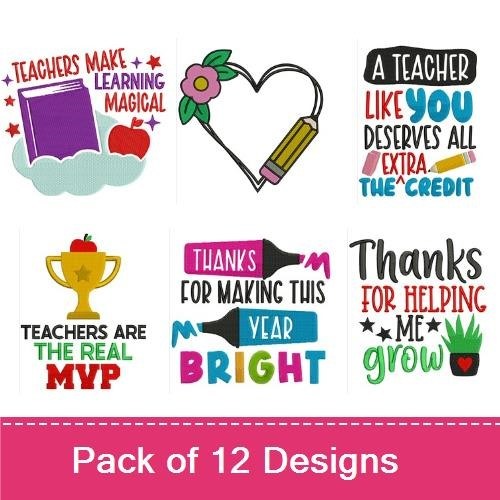Teacher Appreciation Embroidery Designs Bundle – Teacher Quote with Apple, Shaping Hearts, Teachers Make Learning Magical & More (12 Designs)