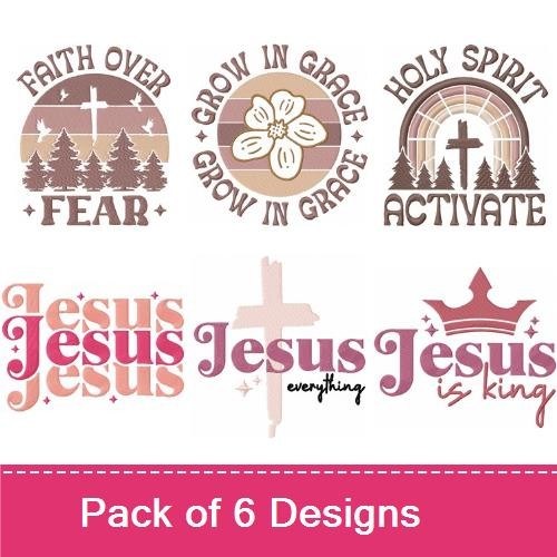Christian Faith Embroidery Designs Bundle – Holy Spirit Activation, Faith Over Fear, Jesus is King & More (6 Designs)
