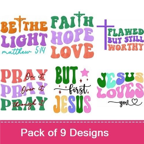 Christian Faith Quotes Embroidery Designs Bundle – Be the Light, Faith Hope Love, Pray Pray Pray & More (9 Designs)
