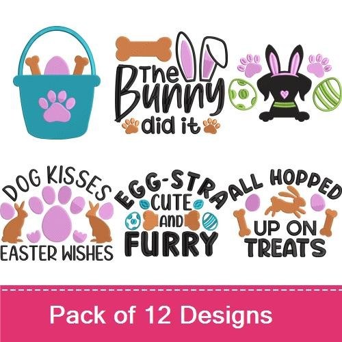 Easter-Themed Dog Embroidery Designs Bundle – Easter Basket with Bones, Dog Kisses Easter Wishes, & More (12 Designs)