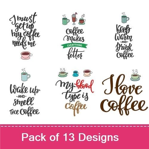 Coffee Sayings Embroidery Designs Bundle – I Love Coffee, But First, Coffee, & More (13 Designs)