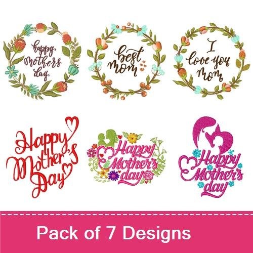 Mother's Day Floral Embroidery Designs Bundle – Happy Mother's Day Wreath, Heart for Mom & More (7 Designs)