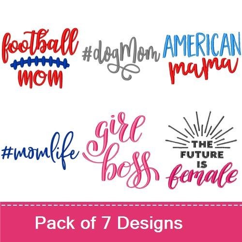 Empowerment and Mom Embroidery Designs Bundle – Football Mom, American Mama, Girl Power & More (7 Designs)