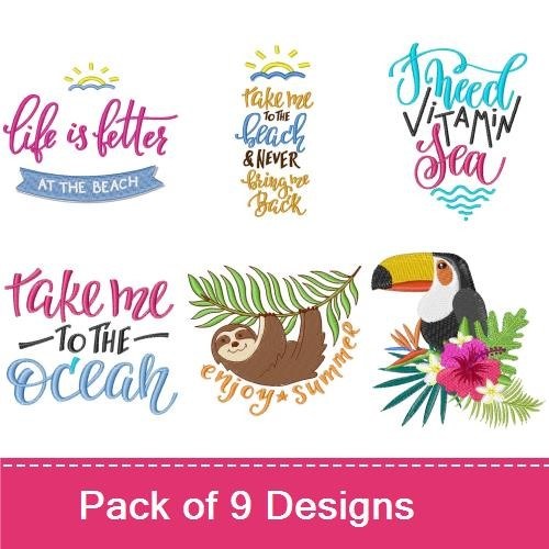 Summer Beach Activities Embroidery Bundle – Snorkeling Girl, Beach Bum, Life is Better at the Beach & More (9 Designs)