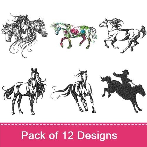Elegant Horse Art Embroidery Bundle – Galloping Horse, Floral Horse, Running Horse & More (12 Designs)
