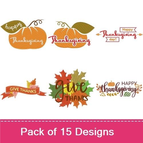 Thanksgiving Celebration Embroidery Designs Bundle – Happy Thanksgiving Banner, Thanksgiving Pumpkin, & More (15 Designs)