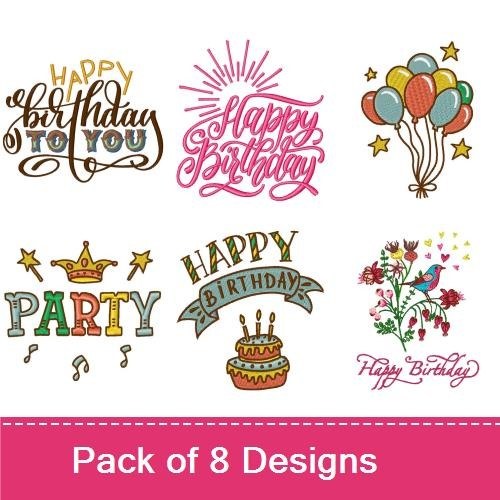 Happy Birthday Celebration Embroidery Designs Bundle – Happy Birthday Message, Birthday Crown, Colorful Balloons & More (8 Designs)