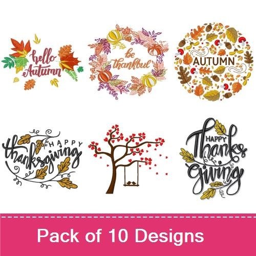Autumn & Thanksgiving Embroidery Designs Bundle – Autumn Calligraphy, Thankful, Hello Autumn & More (10 Designs)