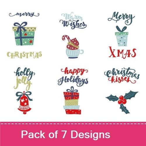 Christmas Greetings Embroidery Designs Bundle – Merry Christmas, Christmas Gifts, Happy Holidays & More (7 Designs)