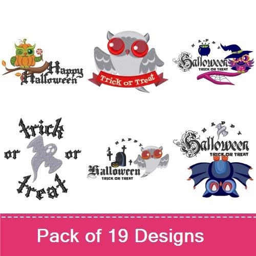 Halloween Trick or Treat Embroidery Designs Bundle – Happy Halloween Text, Cat Silhouette, Pumpkin with Face & More (19 Designs)