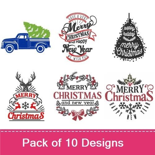 Christmas Greeting Embroidery Designs Bundle – Merry Christmas Badge, Happy New Year Greeting, Christmas Tree Design & More (10 Designs)