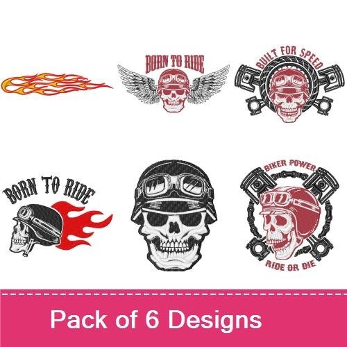 Biker Skull and Flames Embroidery Designs Bundle – Born to Ride Skull with Wings, Skull with Goggles, & More (6 Designs)