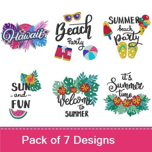 Summer Embroidery Designs Bundle – I Love Summer, Beach Party, Hawaii & More (7 Designs)