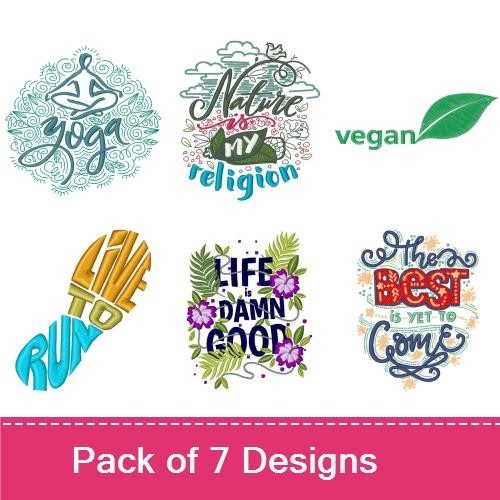 Inspirational Quotes Embroidery Designs Bundle – Life is Damn Good, Yoga Quote, Peace Hand & More (7 Designs)