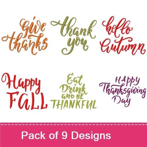 Thanksgiving & Fall Greetings Embroidery Designs Bundle – Give Thanks, Hello Autumn, Happy Fall & More (9 Designs)