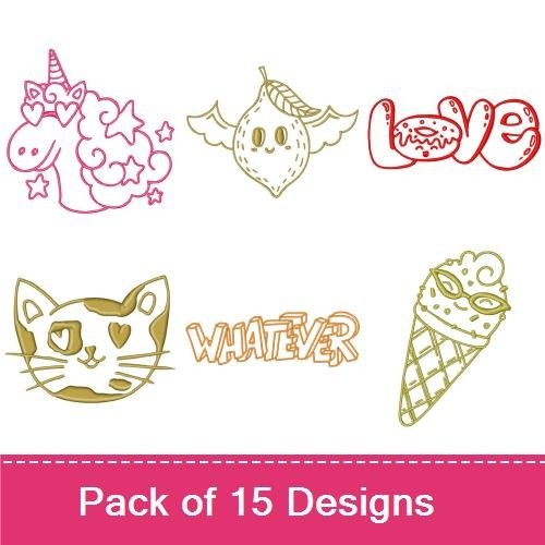 Redwork Cute Kawaii Doodles Embroidery Designs Bundle – Kawaii Cactus, Heart with Face, Cool Text & More (15 Designs)