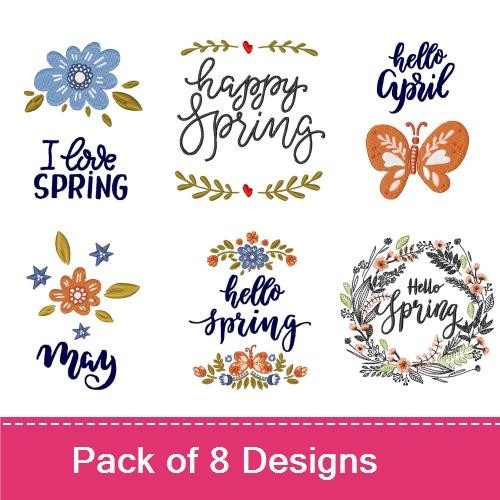 Spring-themed Embroidery Designs Bundle – Hello Spring, Happy Spring, Butterfly Design & More (8 Designs)