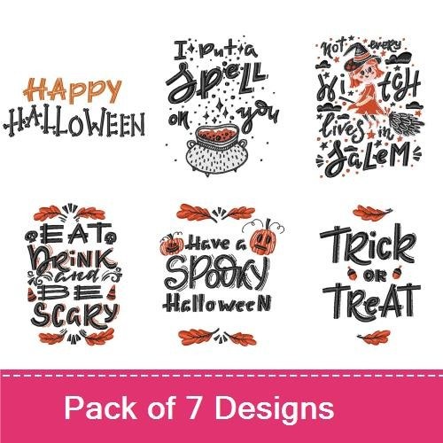 Halloween Themed Embroidery Designs Bundle – Happy Halloween, Trick or Treat, Put a Spell on You & More (7 Designs)