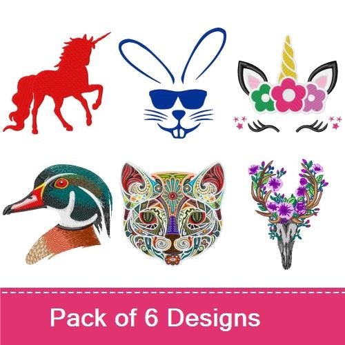 Animal Friends Embroidery Bundle – Colorful Cat, Unicorn, Sunglasses Bunny & More (6 Designs)