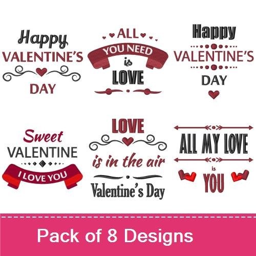 Valentine's Day Quotes Embroidery Designs Bundle – Happy Valentine's Day, All You Need is Love, Sweet Valentine & More (8 Designs)