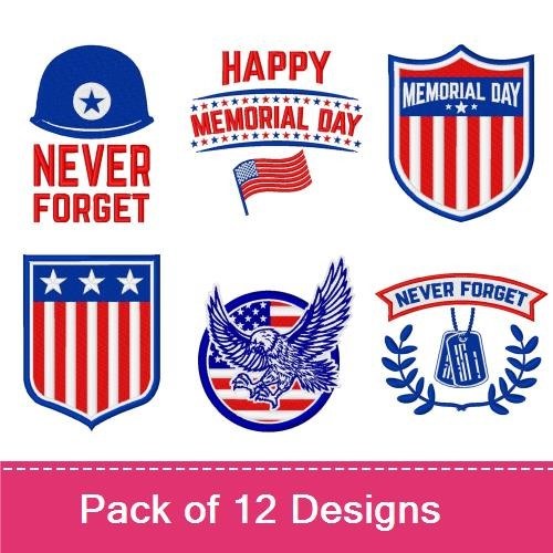 Memorial Day Patriotic Embroidery Designs Bundle – Shield, Eagle with Flag, Happy Memorial Day & More (12 Designs)